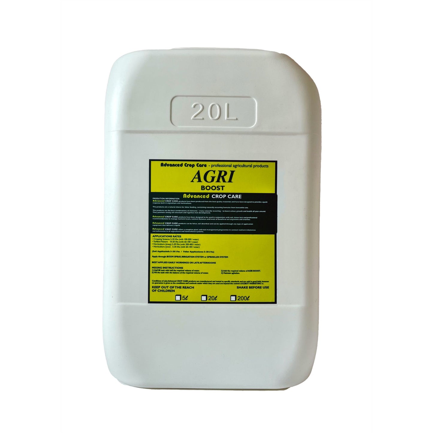 White 20L container with yellow label labeled 'AGRI Boost' on a white background