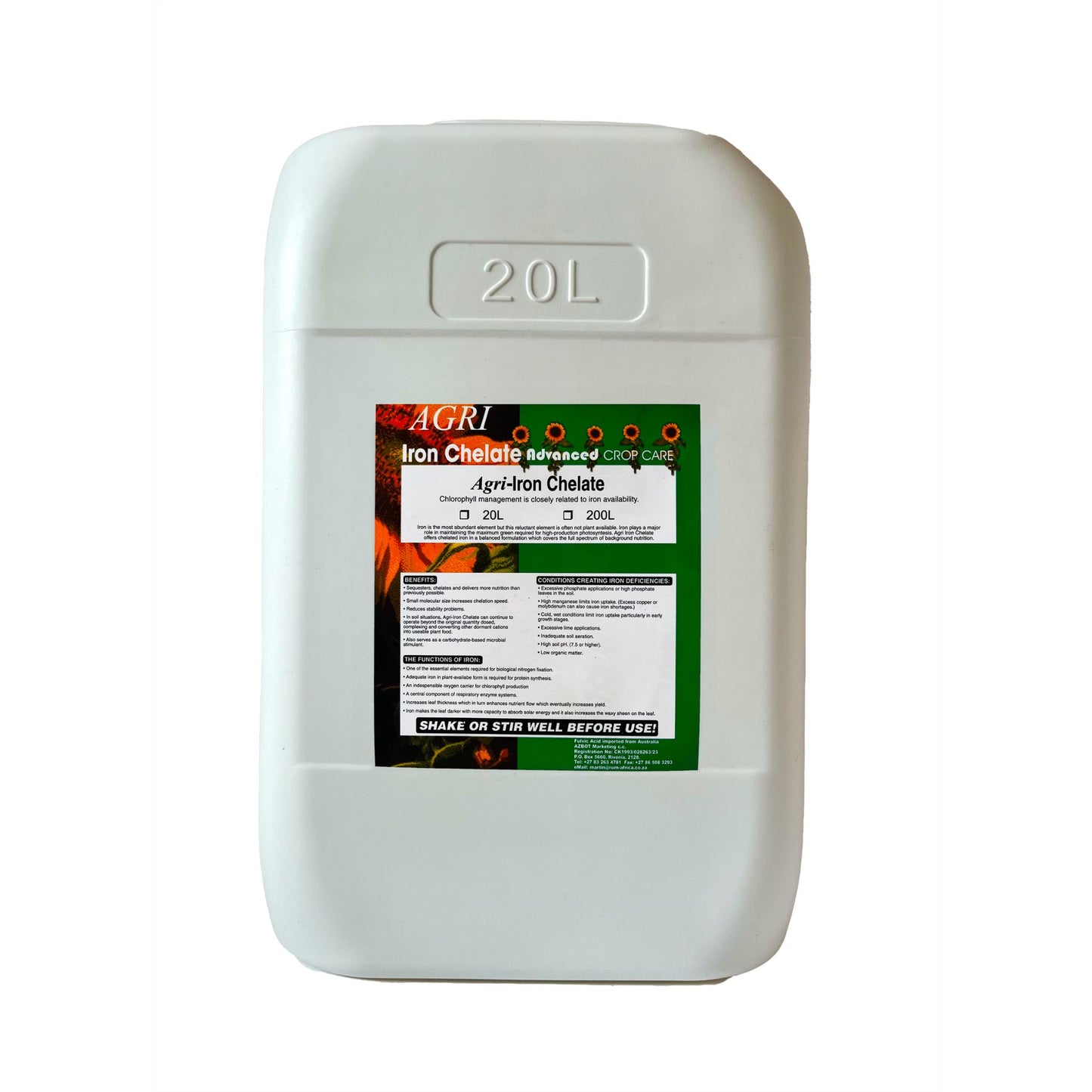 White 20L container labelled 'Agri-Iron Chelate' on a white background
