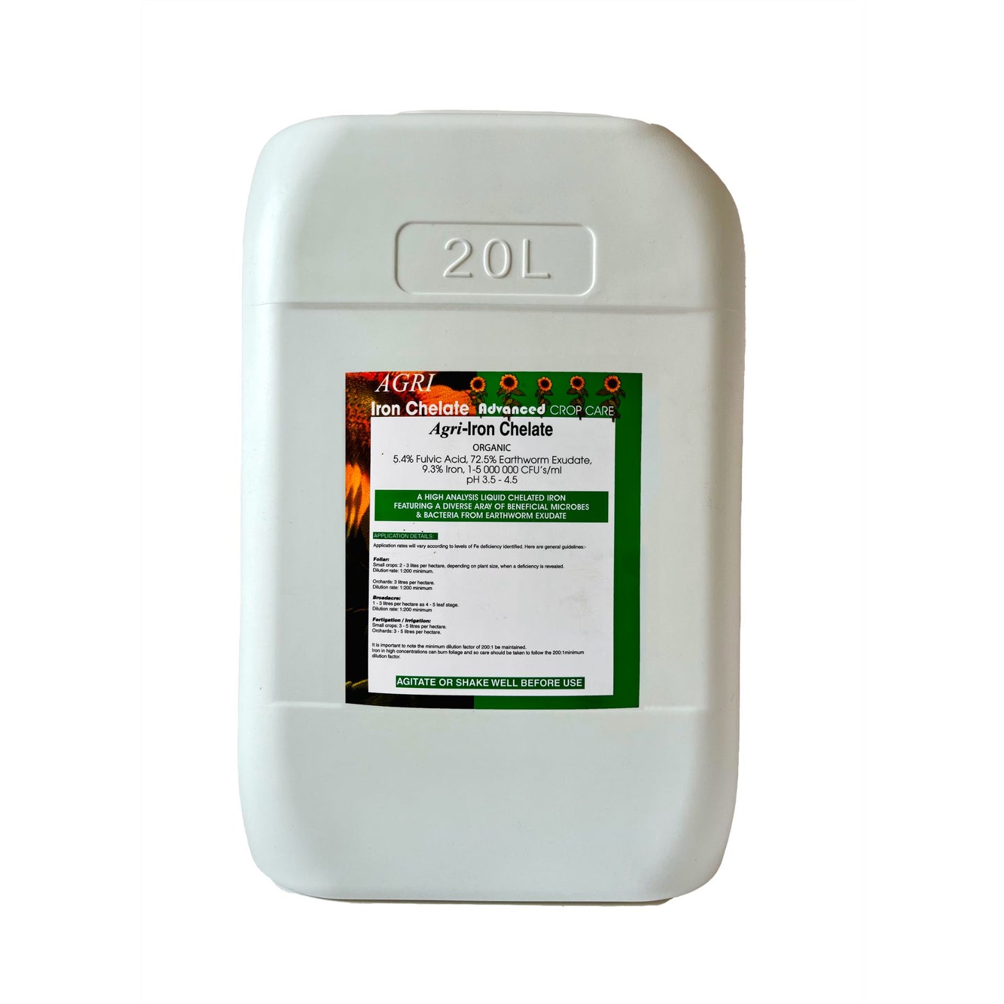 White 20L container labelled 'Agri-Iron Chelate' on a white background