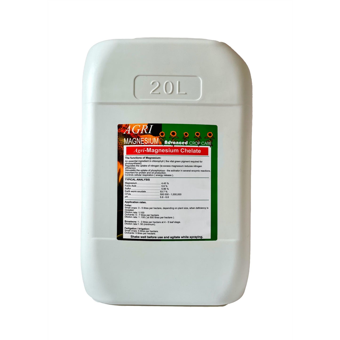 White 20L container labelled 'Agri-Magnesium Chelate' on a white background