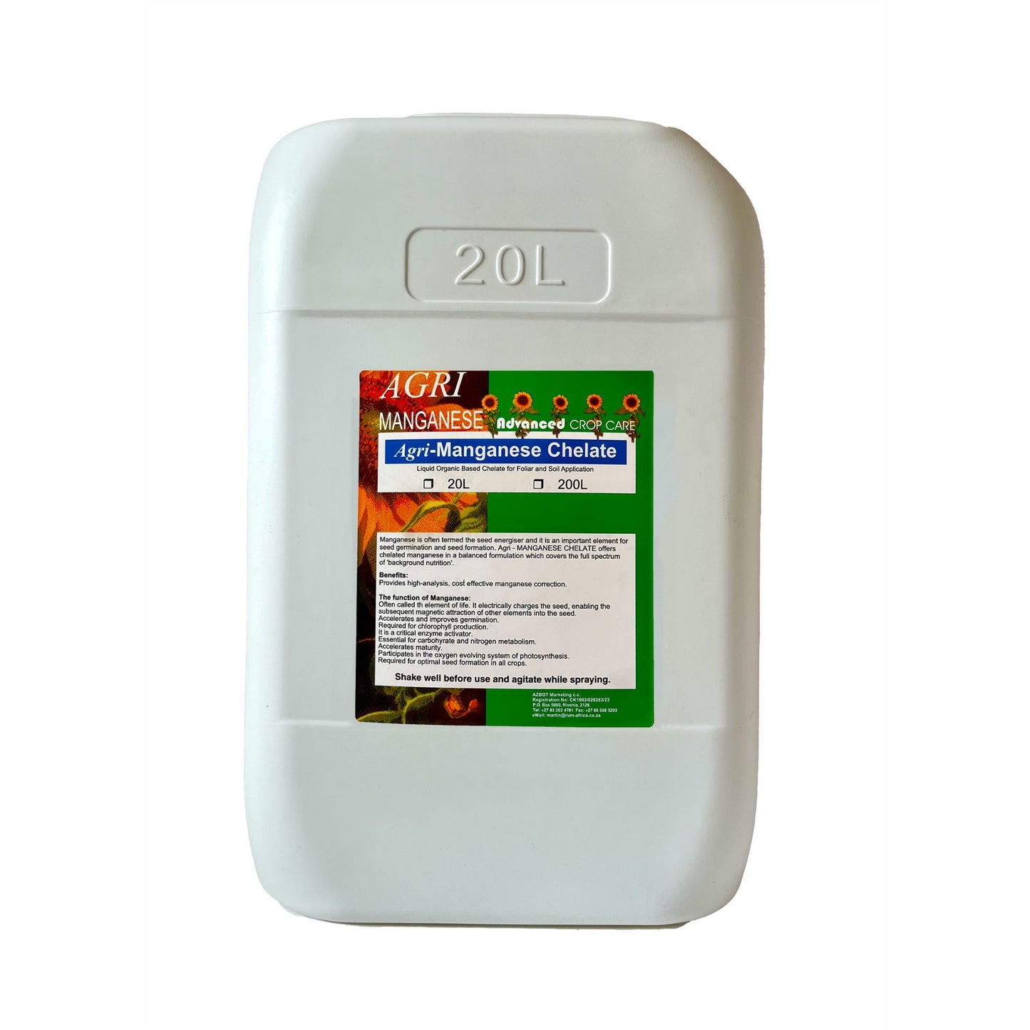 White 20L container labelled 'Agri-Manganese Chelate' on a white background
