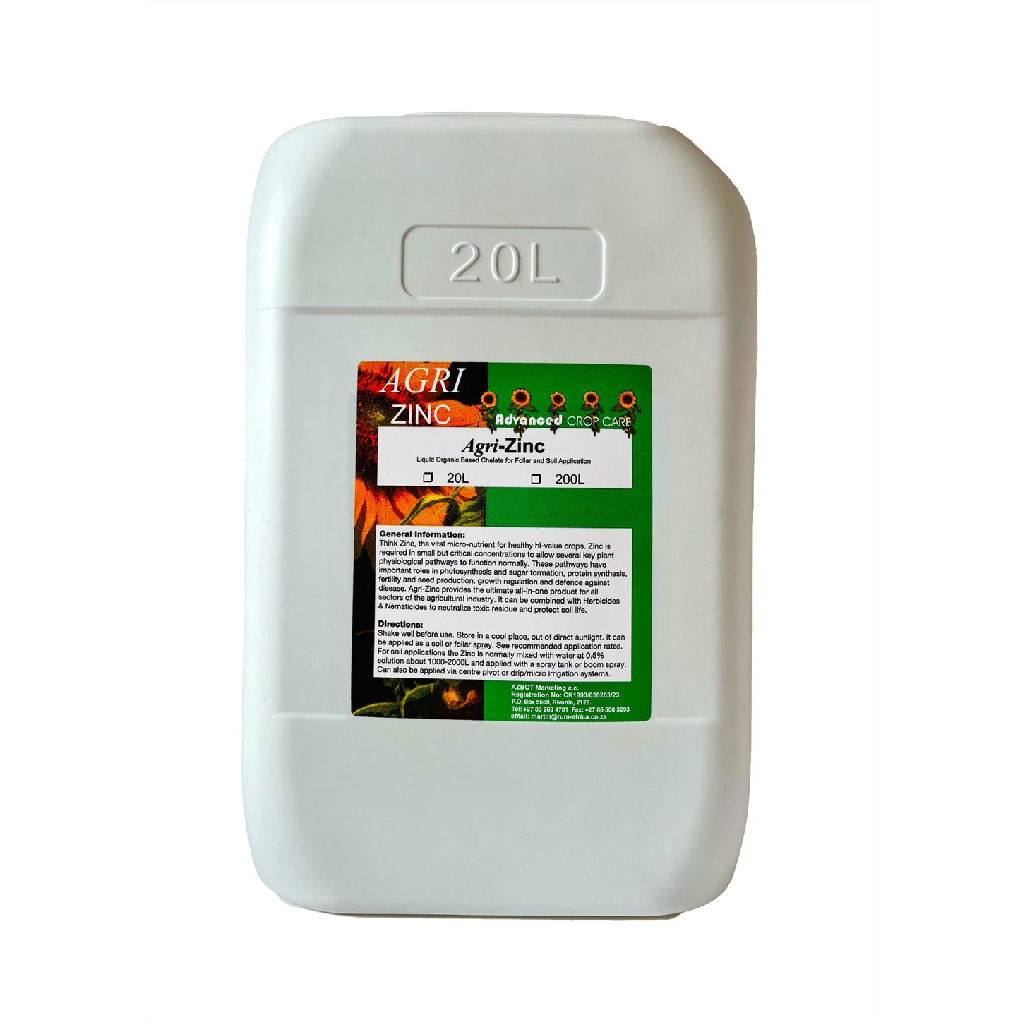 White 20L container labeled 'Agri-Zinc' with a green label on a white background