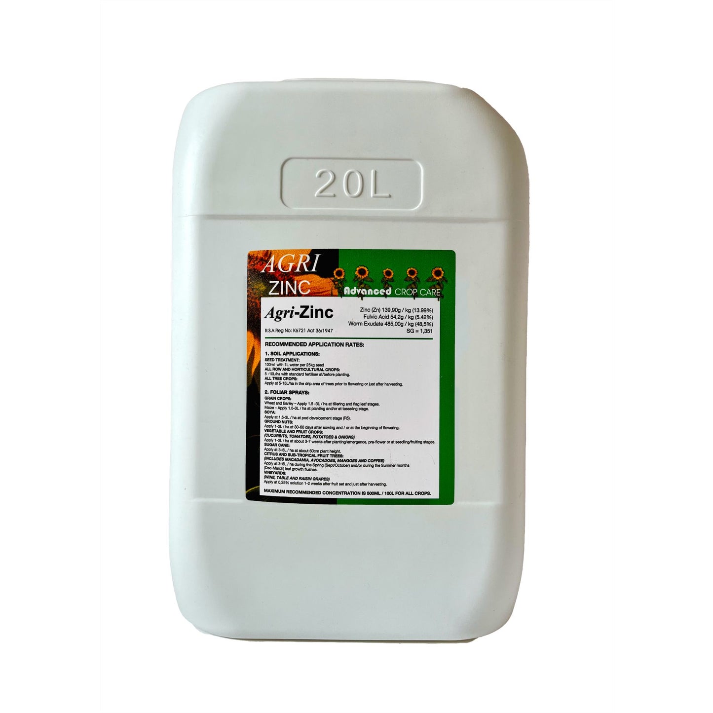 White 20L container labeled 'Agri-Zinc' with a green label on a white background