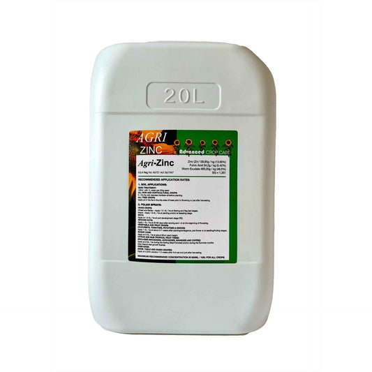 White container labeled '20L' with an 'AGRI Zinc' label on a white background