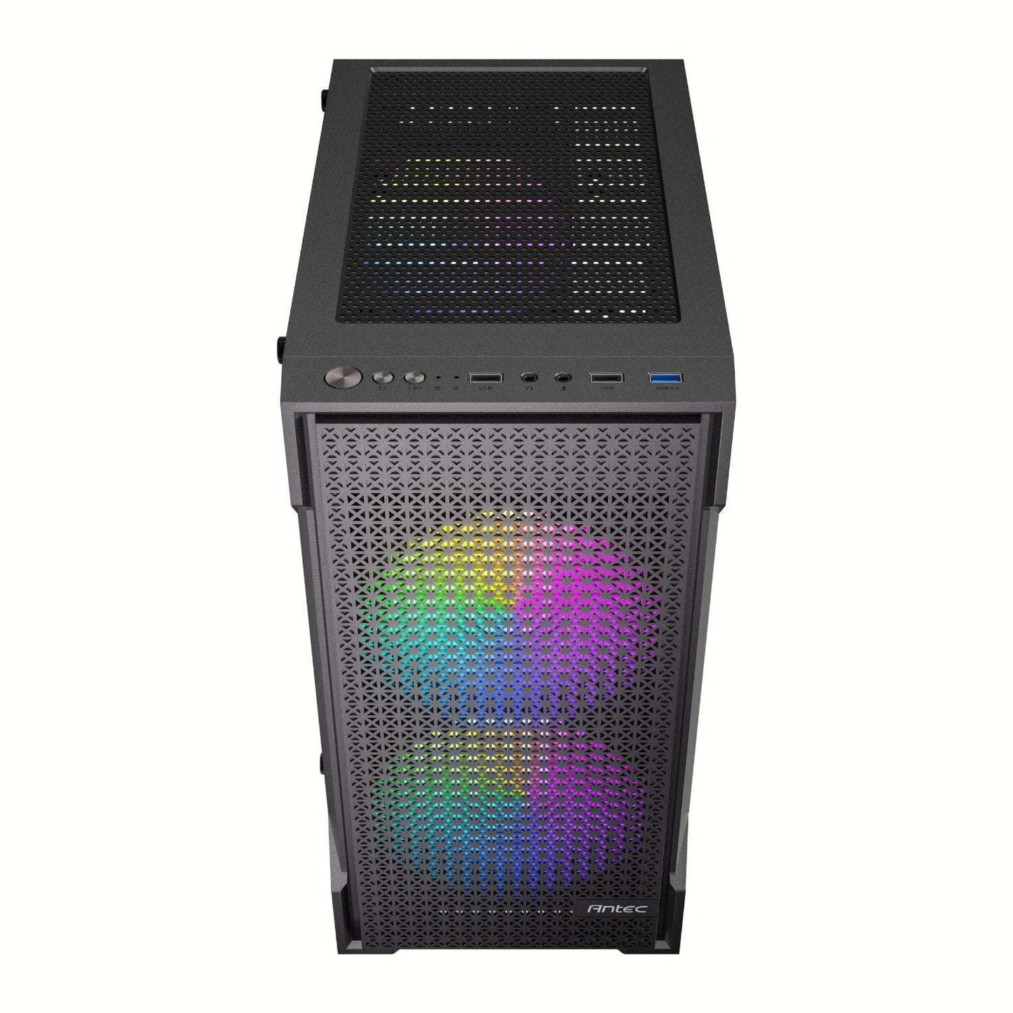 Computer case with RGB lighting on a white background