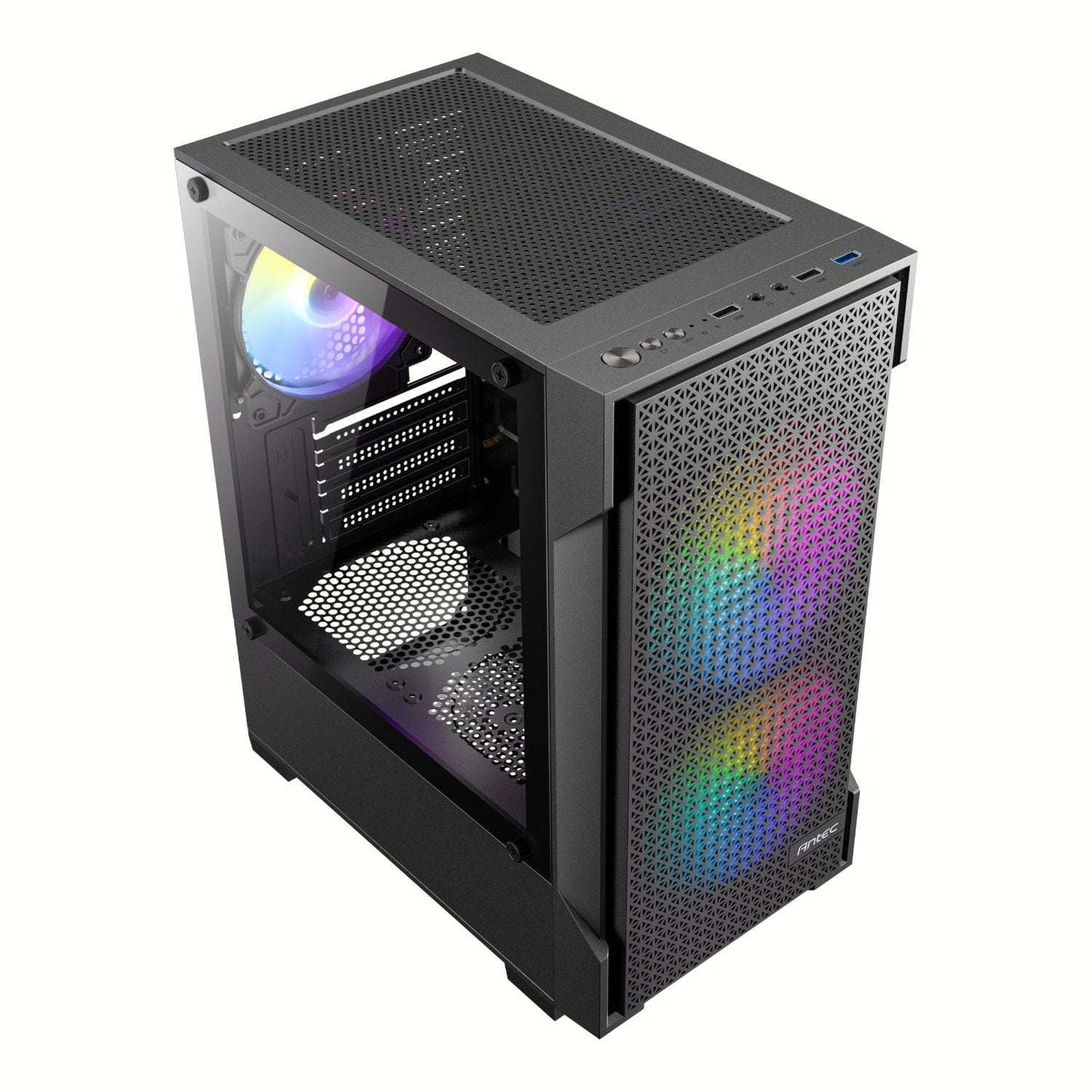 Computer case with RGB lighting on a white background