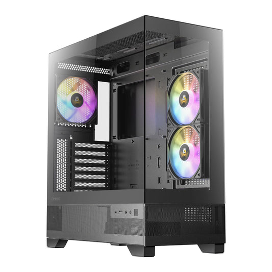 Antec CX700 ARGB Mid-Tower Gaming Chassis with a transparent glass side panel, showing internal components and multicolored fans.