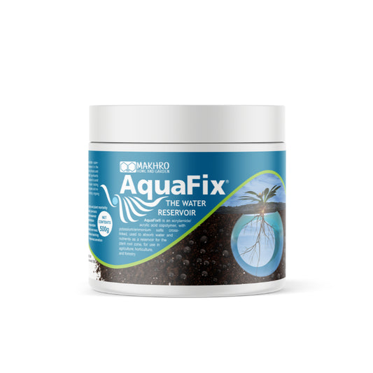 A container of Makhro Aquafix, with the label showing the product name and an illustration of plants using the product.