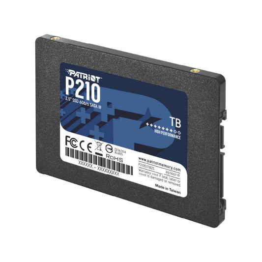 Patriot P210 2.5 inch SATA III SSD with a blue and black design, featuring a label with product information.