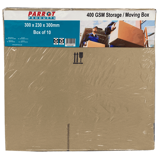Cardboard storage box with Parrot Products branding and dimensions on a white background