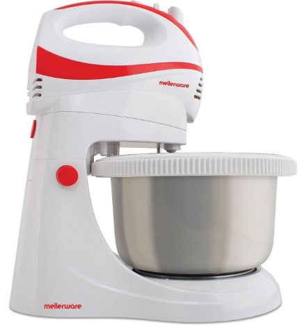White and red stand mixer with a metal mixing bowl on a white background