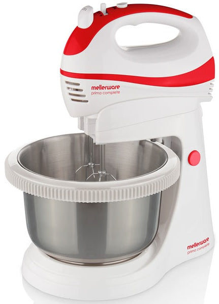 White and red Mellerware stand mixer with a metal bowl on a white background