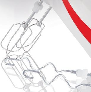 Close-up of a hand mixer with attachments on a white background