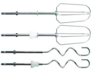 Set of metal kitchen utensils including a whisk, beater, and skewer on a white background