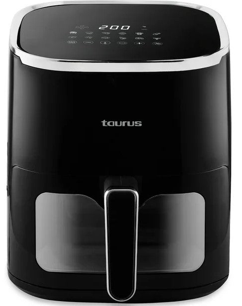 Black air fryer with digital display on a white background