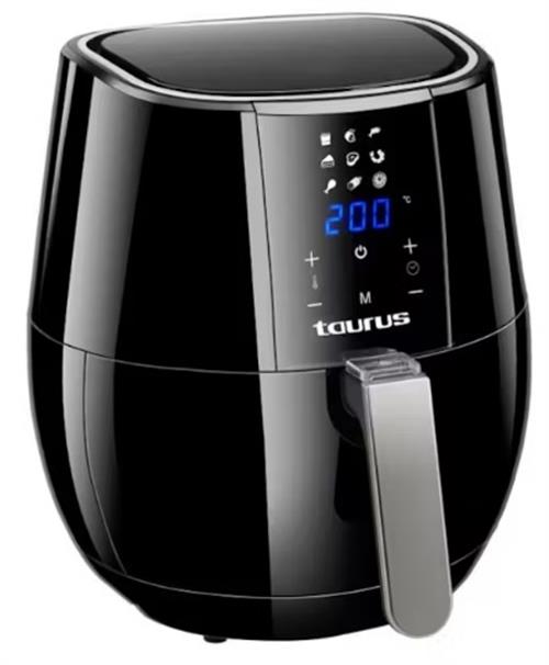 Black Taurus air fryer with digital display on a white background