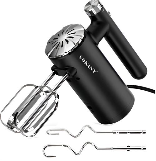 Black hand mixer with attachments on a white background