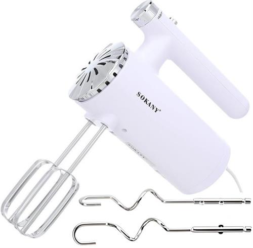 White hand mixer with attachments on a white background, featuring the brand 'SOKANY'.