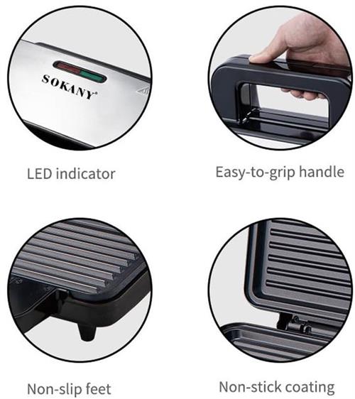 Product features including LED indicator, easy-to-grip handle, non-slip feet, and non-stick coating with SOKANY branding.