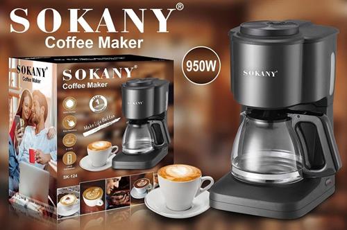Sokany coffee maker with packaging and a cup of coffee on a wooden surface