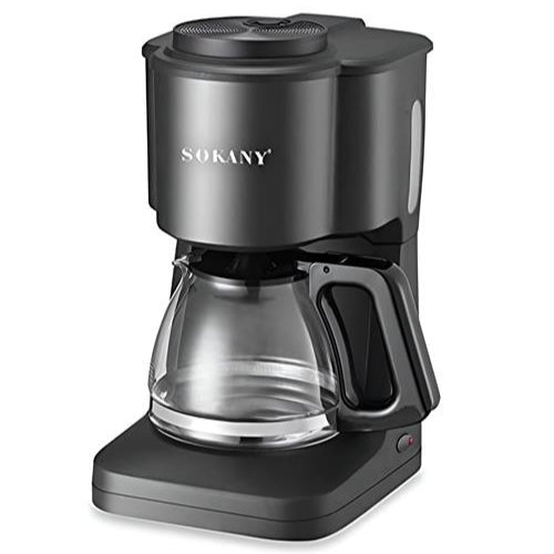 Black coffee maker with glass carafe on a white background, featuring the brand 'SOKANY'.