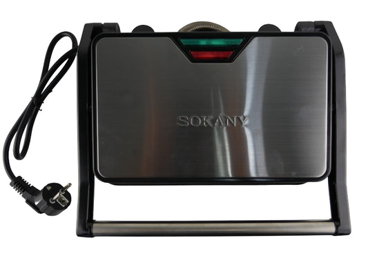 Black Sokany sandwich maker with power cord on a white background