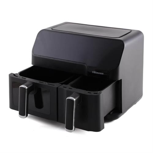 Black air fryer with 'Hisense' branding on a white background