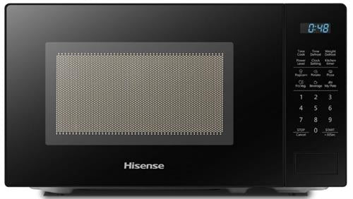 Black Hisense microwave oven with digital display and control panel.