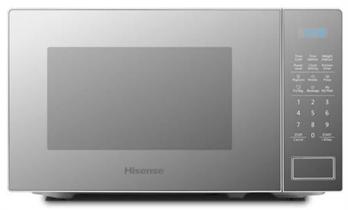 Stainless steel microwave oven with digital display on a white background