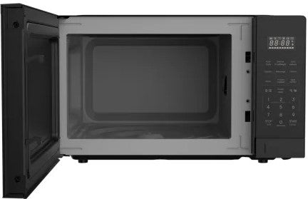 Black microwave oven with open door on a white background