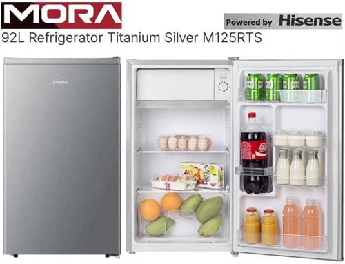 MORA 92L refrigerator with open door showing contents, branded as Hisense.