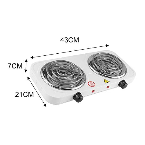 Electric double hot plate with dimensions labeled on a white background