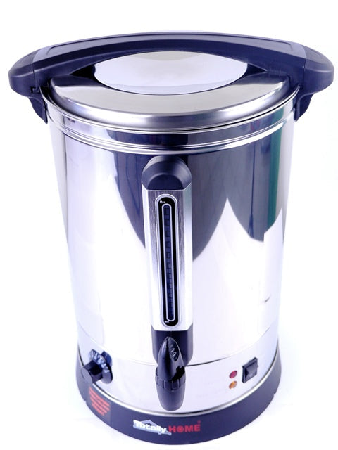 Stainless steel electric urn on a white background