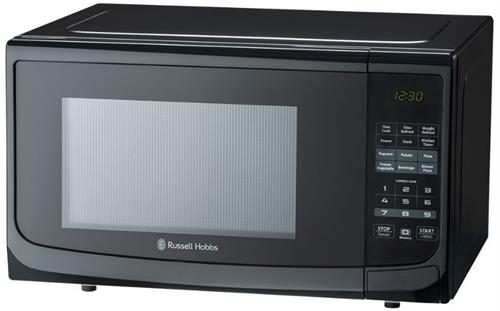 Black Russell Hobbs microwave oven on a white background