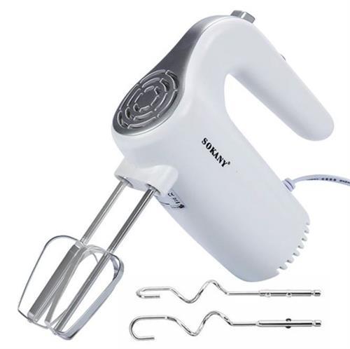 White hand mixer with attachments on a white background