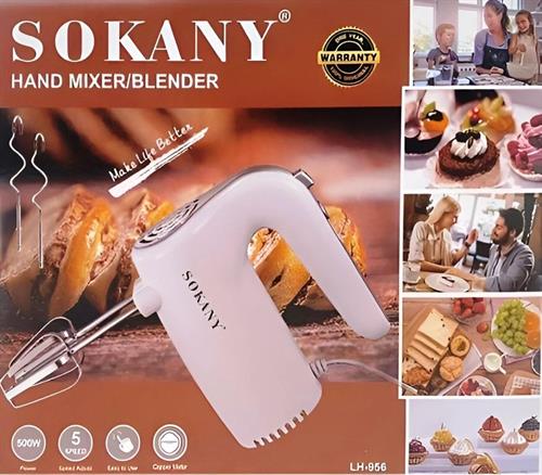 Sokany hand mixer on a brown background with images of people and food.