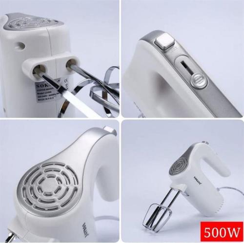 Collage of a white hand mixer with different parts highlighted on a light gray background.