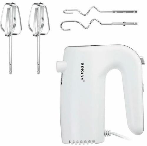 White hand mixer with attachments on a white background, featuring the brand 'SOKANY'.