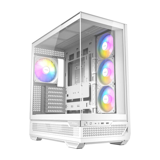 White computer case with RGB lighting on a white background