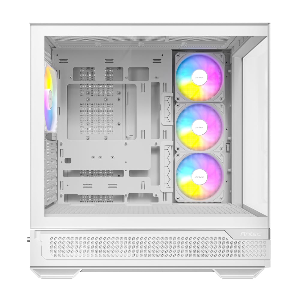 White computer case with RGB lighting on a white background