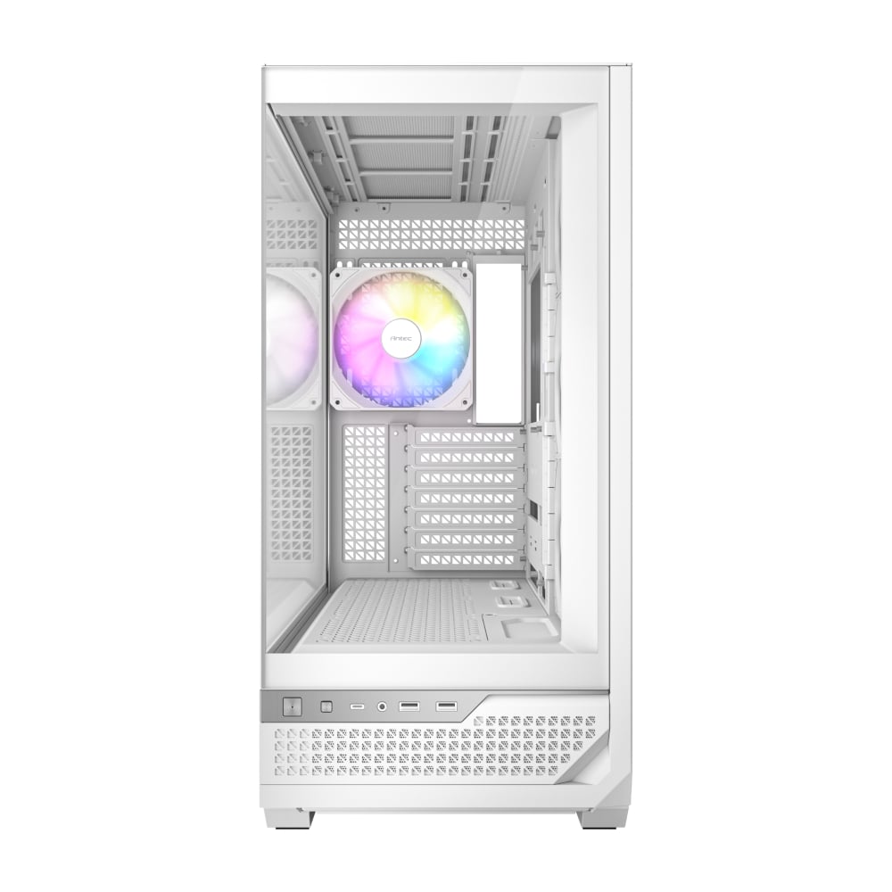 White computer case with a colorful RGB fan on a white background