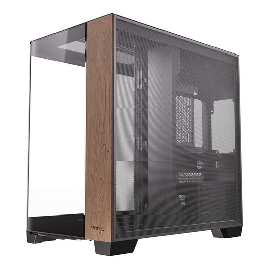 Computer case with wooden side panel and glass panels on a white background