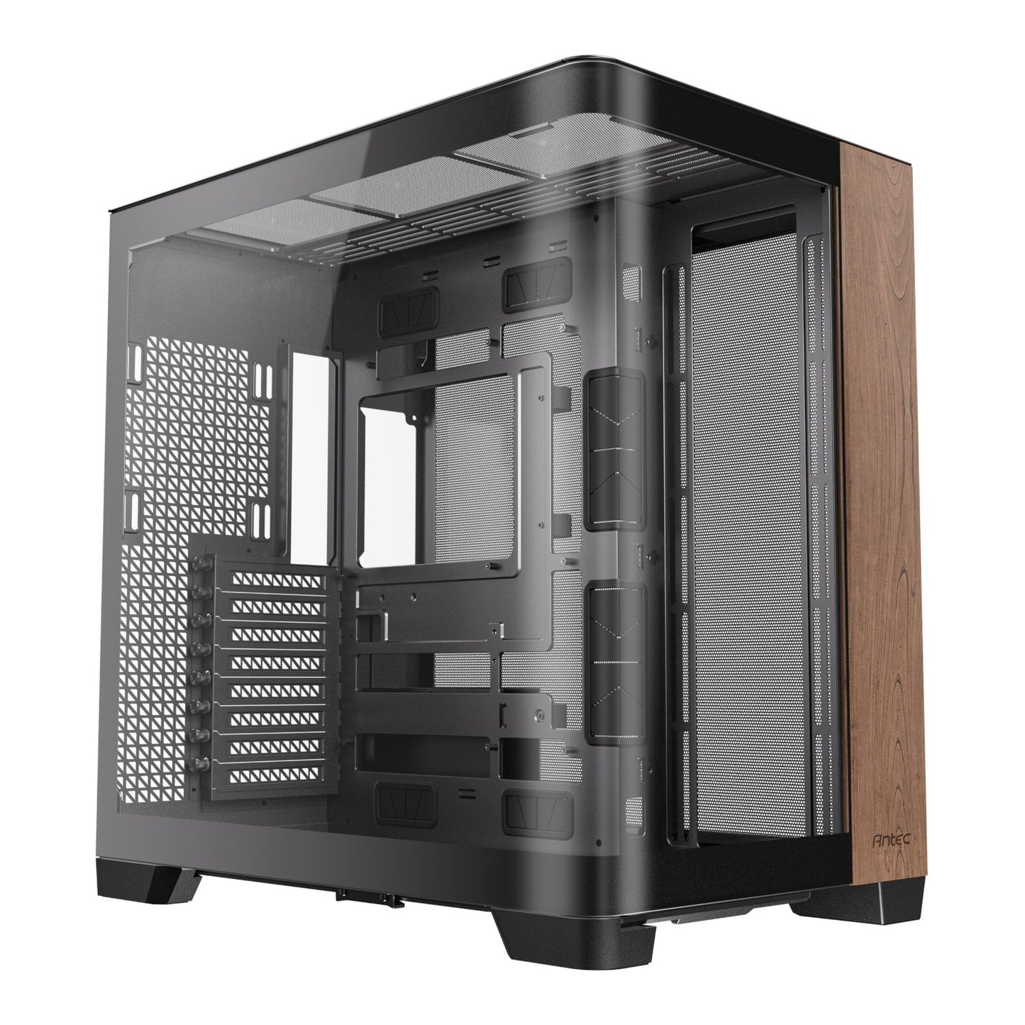 Computer case with wooden side panel on a white background