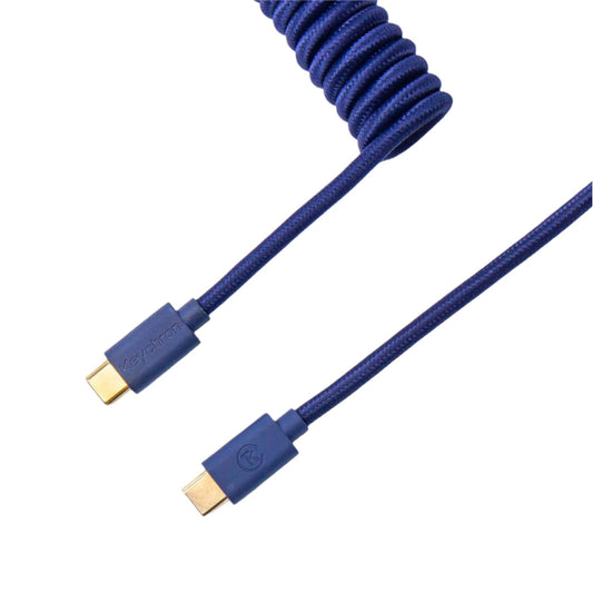A coiled blue cable with USB connectors on both ends, designed for keyboard connectivity.