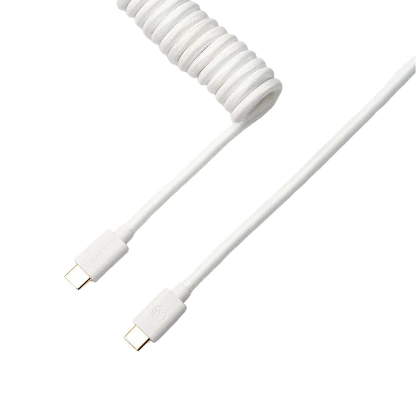 A white coiled cable with a USB connector on both ends, designed for keyboard connectivity.