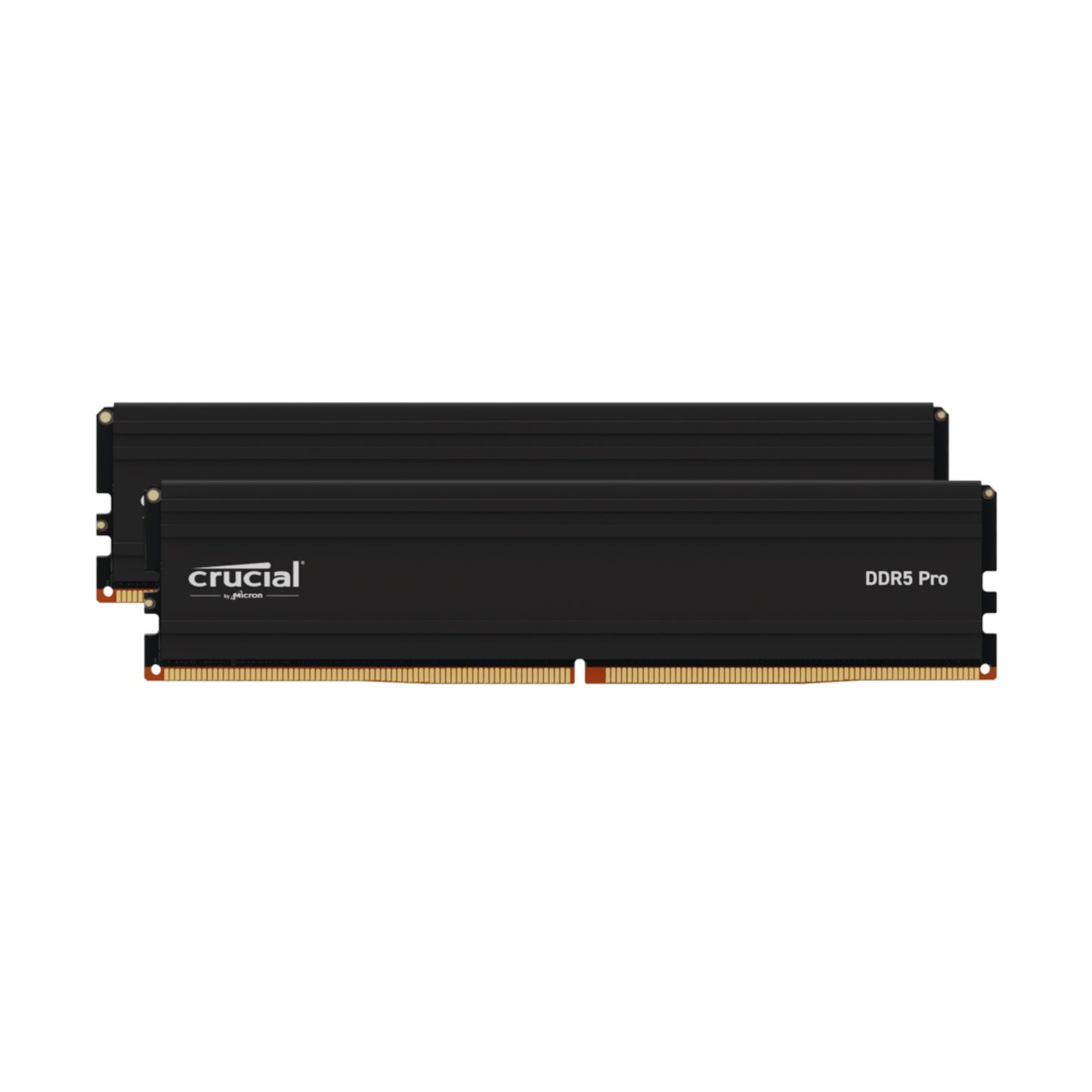 Two sticks of Crucial Pro DDR5-6000 64GB Overclocking Memory Kit placed side by side against a white background.