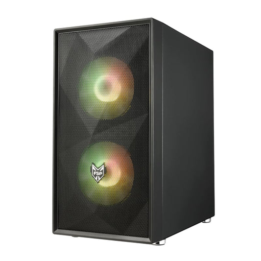 A black FSP CST130A Micro-ATX gaming chassis with a metal mesh front panel and RGB fans.