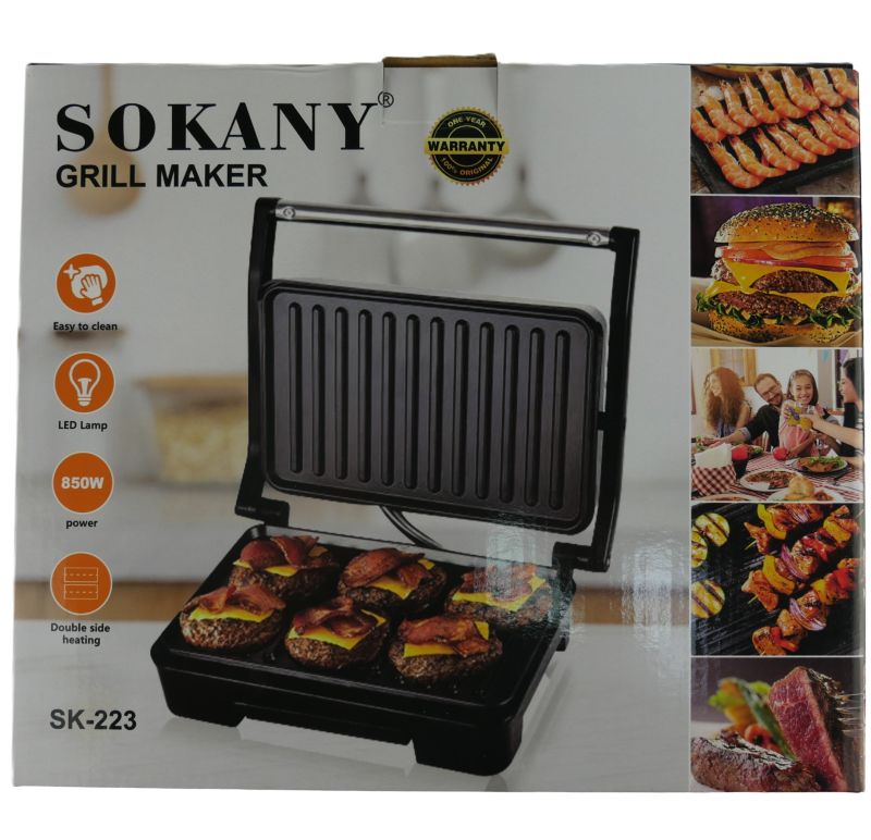 Sokany grill maker packaging with images of food and product features.