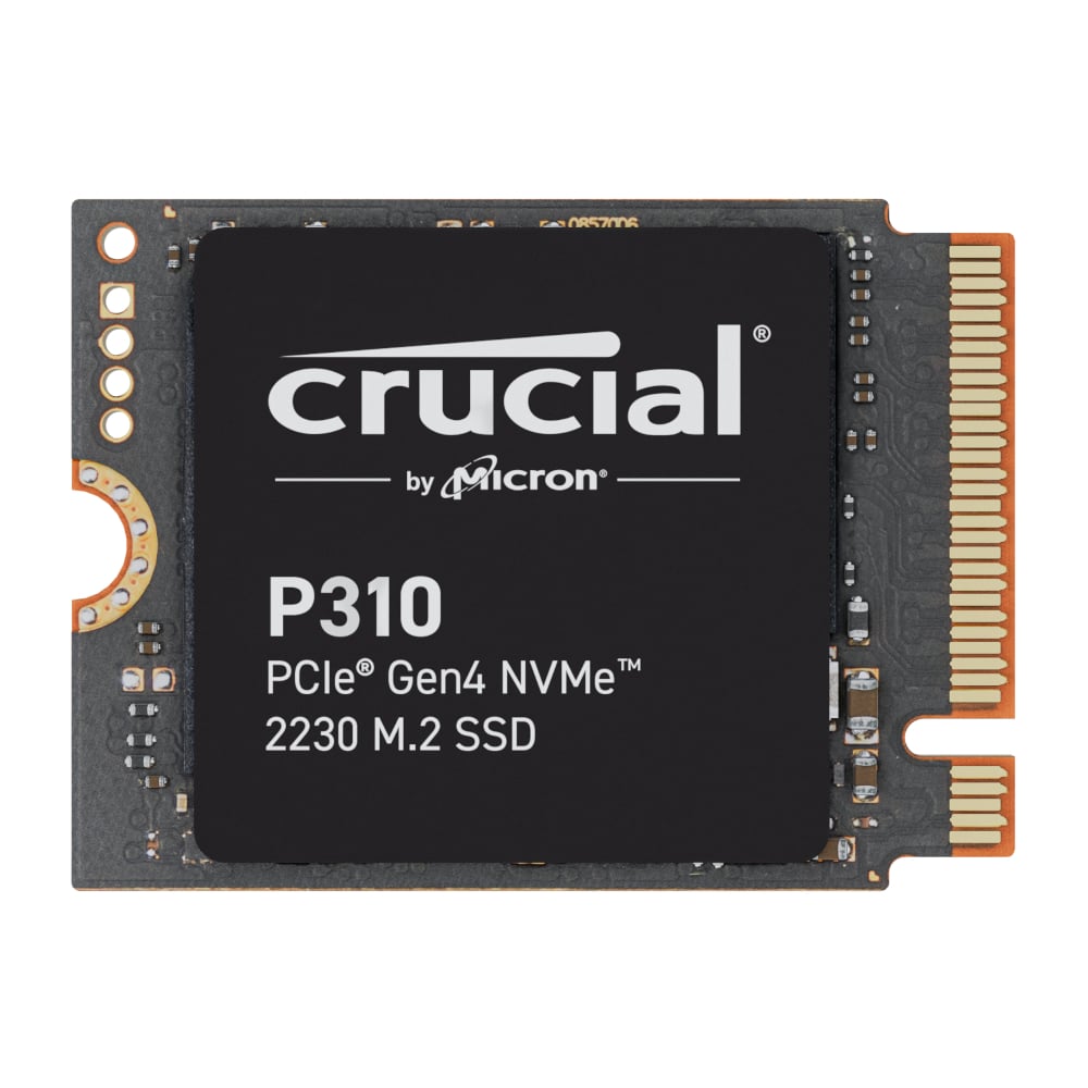 The image shows a Crucial by Micron P310 Gen4 2230 M.2 NVMe SSD with a black heat sink, orange connectors, and a visible brand logo.