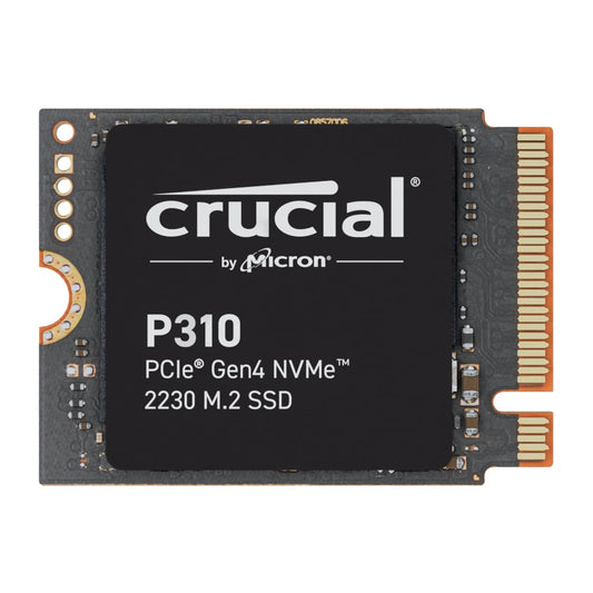 The image shows a Crucial by Micron P310 Gen4 2230 M.2 NVMe SSD with a black heat sink, orange connectors, and a visible brand logo.